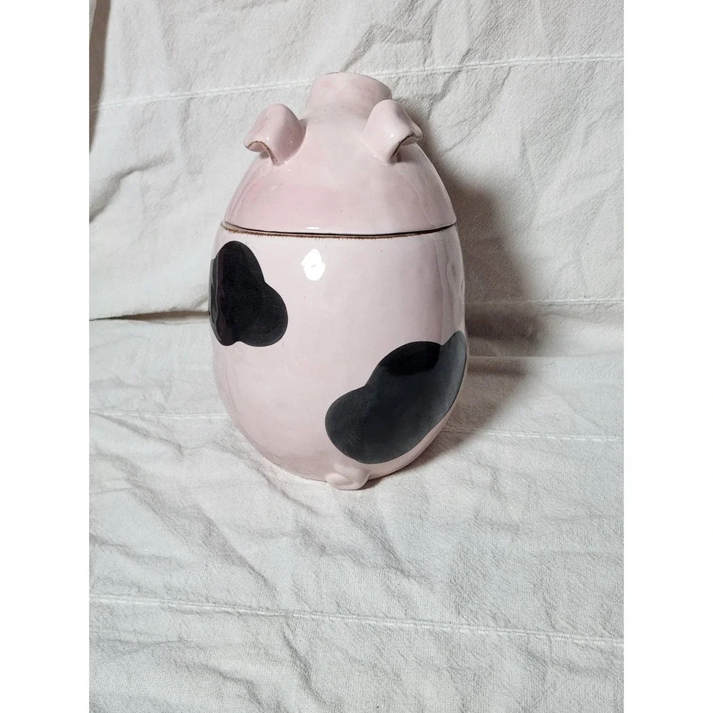 Pink Ceramic Pig Cookie Jar Hand Painted Spotted Farmhouse Kitchen Decor 9.5in
